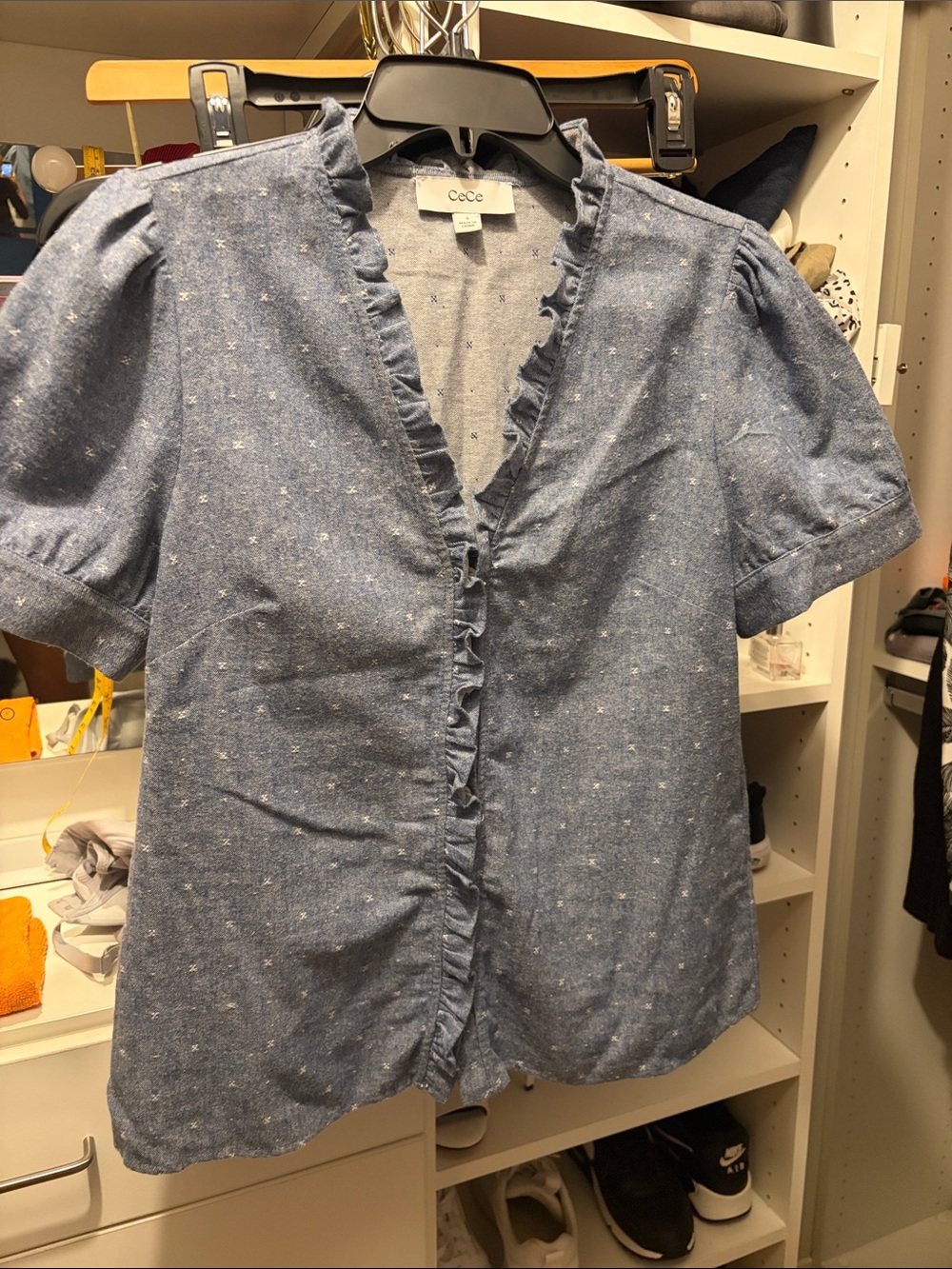 CeCe Light Blue Chambray Ruffle Button-Front Blouse